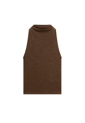 Top senza maniche marrone con colletto alto, realizzato in tessuto a maglia a coste. Design semplice con una texture liscia e linee pulite.