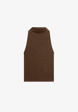 Top senza maniche marrone con colletto alto, realizzato in tessuto a maglia a coste. Design semplice con una texture liscia e linee pulite.