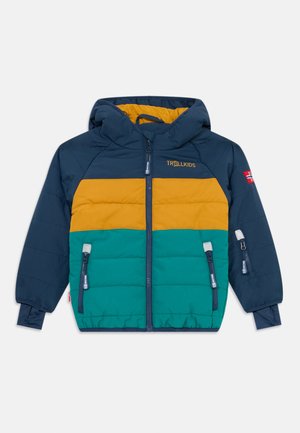 Doudoune colorée en nylon, avec un design en blocs de couleurs bleu marine, moutarde et sarcelle, équipées d'une capuche et de poches zippées.