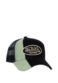 Corduroy cap featuring black and light green panels, a curved visor, mesh back, and a prominent embroidered Von Dutch logo.