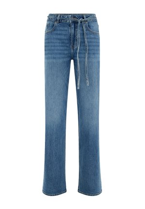 Helle blaue Jeans aus Denim mit lockerer Passform, geraden Beinen, elastischem Bund mit Kordelzug, fünf Taschen und subtilen Waschdetails.