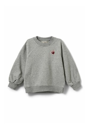 Grijze sweatshirt met lange, opgeblazen mouwen en een geribde zoom. Heeft een klein geborduurd aardbeiendetail op de borst. Zachte textuur.