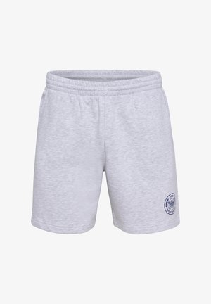 Grå bomuldsblandede atletikshorts med elastisk talje og sidelommer. Har et marineblåt logo-patch på venstre ben.