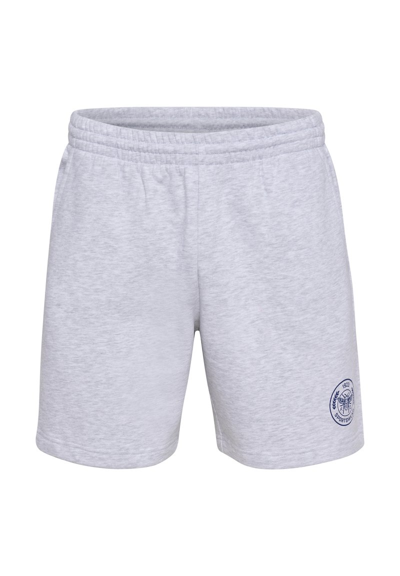 Shorts de sport en mélange de coton gris avec une taille élastique et des poches latérales. Présente une étiquette logo marine sur la jambe gauche.