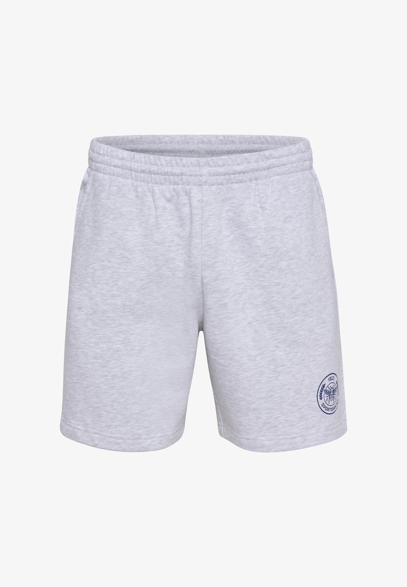 Shorts de sport en mélange de coton gris avec une taille élastique et des poches latérales. Présente une étiquette logo marine sur la jambe gauche.