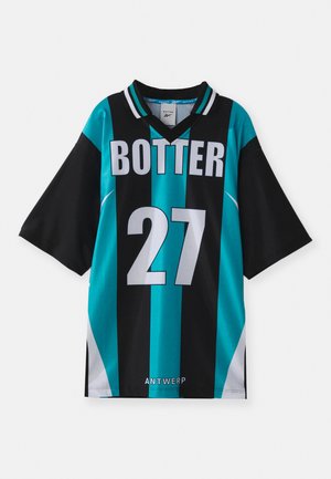 Black short-sleeve jersey with teal vertical stripes. Features bold white text "BOTTER" and number "27." V-neck design with standard collar.