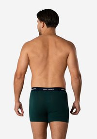 Groene herenboxers met een donker tailleband waarop "HAPPY SHORTS" in witte tekst staat. Gemaakt van een gladde, rekbare stof.