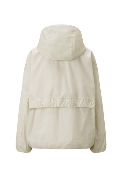 Lightweight, cream-colored jacket with a hood, elastic cuffs, and a back vent. Textured fabric with a relaxed shape and cinched waist.