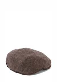 Flat brown tweed newsboy cap with stitched panels, shown against white background.