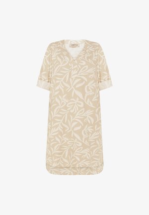 Tunique beige à manches courtes avec motif botanique feuillu blanc, col en V et ourlet légèrement incurvé, tissu léger.