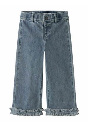 Pantaloni denim a gamba larga con polsini elasticizzati arricciati, chiusura con bottoni, passanti per cintura e tasche frontali, in lavaggio blu medio.