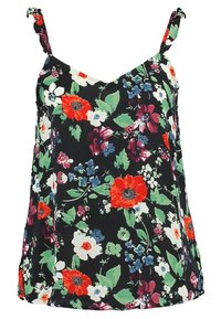 Kukkakuvioinen toppi, jossa on musta tausta, eloisat punaiset, valkoiset ja siniset kukat, säädettävät ohuet olkaimet ja löysä malli.