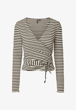 Haut cache-cœur à manches longues à rayures horizontales marron et blanches, avec col en V et ceinture à nouer à la taille.