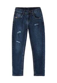 Jeans de mezclilla azul oscuro con un diseño de pierna recta, que presentan parches desgastados en la parte delantera y un estilo clásico de cinco bolsillos.