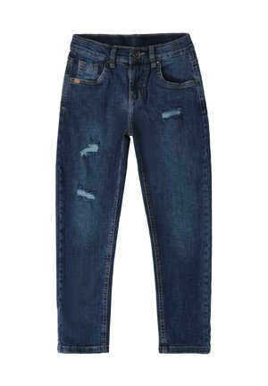 Jeans en denim bleu foncé avec une coupe droite, présentant des patches déchirés à l'avant et un style classique à cinq poches.
