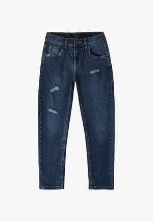 Jeans en denim bleu foncé avec une coupe droite, présentant des patches déchirés à l'avant et un style classique à cinq poches.