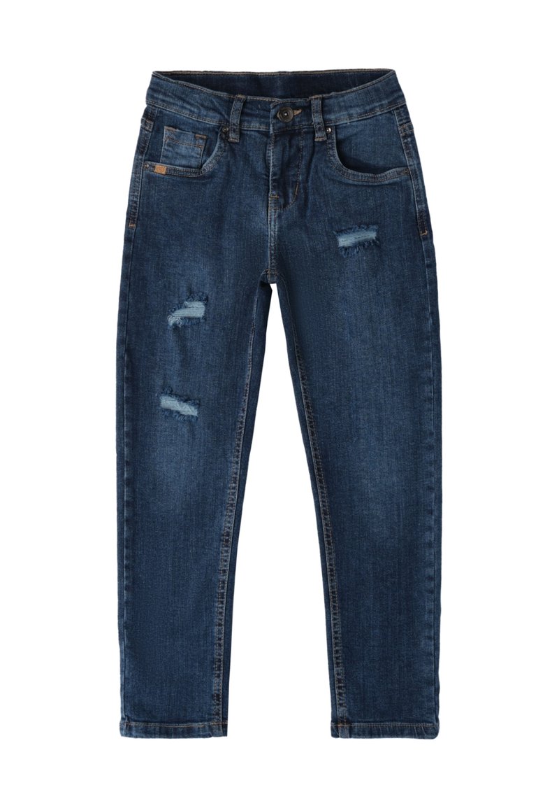 Jeans de mezclilla azul oscuro con un diseño de pierna recta, que presentan parches desgastados en la parte delantera y un estilo clásico de cinco bolsillos.