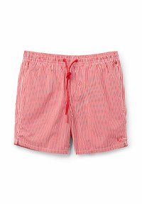 Rood en witte gestreepte zwemshorts met een elastische tailleband en verstelbaar trekkoord, gemaakt van lichtgewicht stof en met een comfortabele pasvorm.