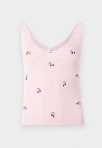 Różowy, żebrowany top na ramiączkach z dekoltem w kształcie litery V, z czerwonym i zielonym haftem wiśni rozsianym po całym materiale.