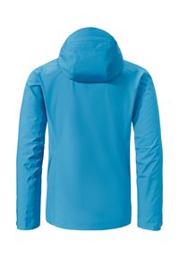 Blaues wasserdichtes Jackett mit Kapuze, langen Ärmeln und glatter Textur. Es hat ein einfaches Design und ist für Outdoor-Aktivitäten geeignet.