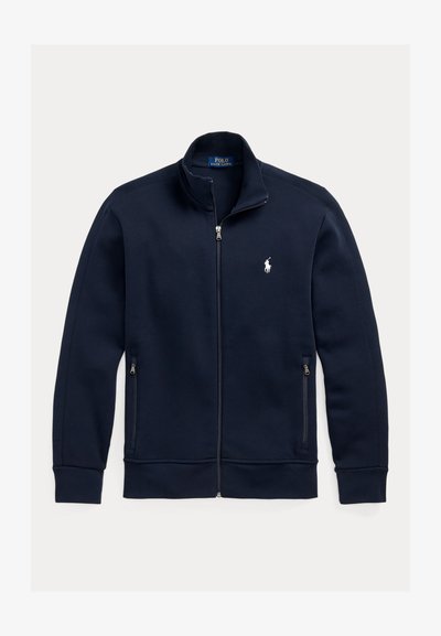 Navy zip-up jacket with stand collar, zippered side pockets, and small white Polo Ralph Lauren horse logo on the left chest.