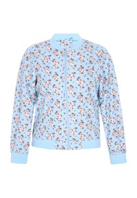 Jachetă bomber de culoare bleu deschis cu imprimeu floral. Dispune de închidere cu fermoar, manșete și talie ribbote. Material moale cu o textură ușoară.