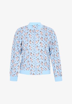 Bomberjacke in Hellblau mit Blumenmuster. Verfügt über einen Reißverschluss, gerippte Bündchen und einen gerippten Saum. Weicher Stoff mit leichter Beschaffenheit.
