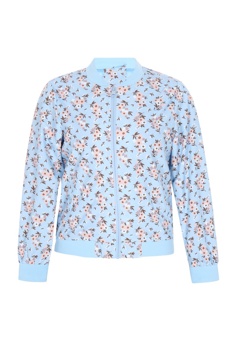 Jachetă bomber de culoare bleu deschis cu imprimeu floral. Dispune de închidere cu fermoar, manșete și talie ribbote. Material moale cu o textură ușoară.