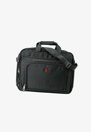 Zwarte nylon laptoptas met meerdere afsluitbare vakken, gewatteerde handgreep en verstelbare schouderriem op een witte achtergrond.