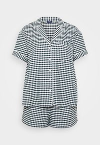 Navy og hvite rutete pysjamas-sett, med kortermet topp med knappelukking og lomme, kombinert med matchende shorts.