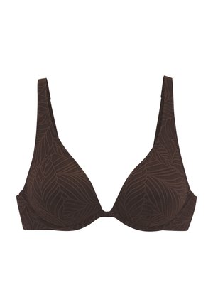 Braunes dreieckiges Bustier mit Blattmuster, weichem Stoff, verstellbaren Trägern und dezenter Struktur. Kein sichtbares Metall.