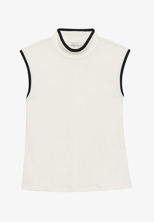 Top bianco senza maniche con colletto alto e bordi neri. Texture liscia con un design semplice, caratterizzato da un'etichetta all'interno.