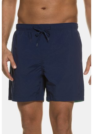 Shorts de bain bleu marine avec une taille élastique et un cordon de serrage. Fabriqués en tissu léger, présentant une texture simple et lisse.