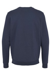 Hanorac albastru închis cu mâneci lungi și guler rotund, cu manșete și tiv striați, văzut din spate.