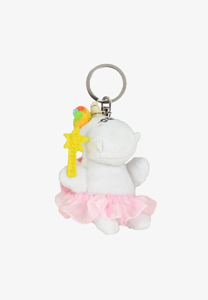 Portachiavi a forma di unicorno in peluche con una gonna di tulle rosa, criniera arcobaleno e una bacchetta a stella gialla. Include un attacco per il portachiavi per un trasporto facile.