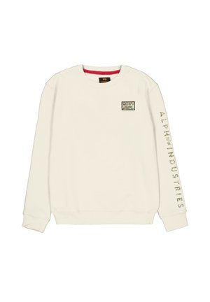 Sweatshirt alb din bumbac, cu guler rotund, mâneci lungi și o aplicație grafică pe piept; text imprimat pe mânecă.