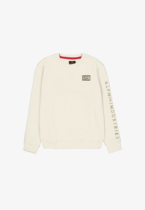 Fehér pamut pulóver, kerek nyakkal, hosszú ujjakkal, mellkason grafikával; szöveg nyomtatva az ujj mentén.