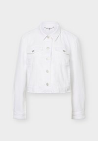 Λευκό τζιν μπουφάν με μακριά μανίκια, κούμπωμα με ασημένια κουμπιά, δύο τσέπες στο στήθος με καπάκια και κλασικό γιακά.