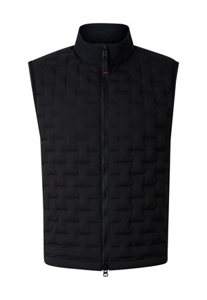 Sort ærmeløs quiltet vest med frontlynlås og opretstående krave, designet til let varme og lag-på-lag.