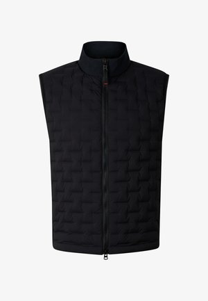 Black sleeveless quilted vest with front zipper and stand-up collar, designed for lightweight warmth and layering.
