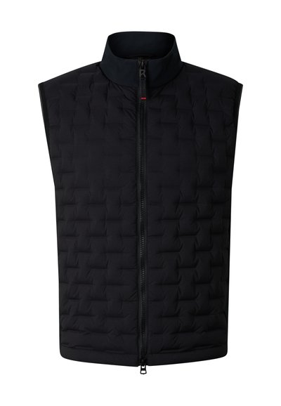 Schwarze ärmellose gesteppte Weste mit Frontreißverschluss und Stehkragen, entworfen für leichte Wärme und zum Übereinandertragen.