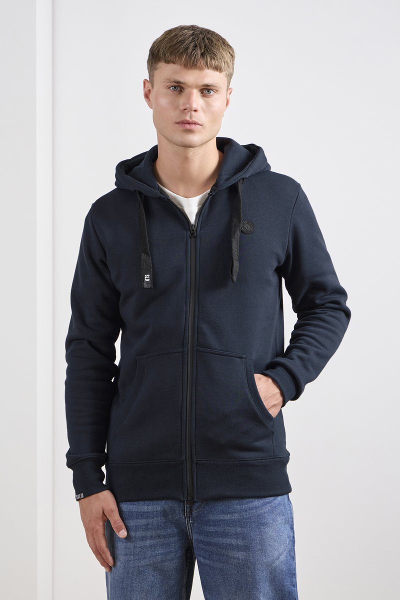 Marinefarvet zip-up hættetrøje lavet af bomuldsblanding, med snoretræk i hætten, foran lommer, ribbede manchetter og et lille logo på brystet.