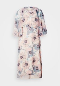 Floral dress in light pink, blue, and gray with a fitted waist and flutter sleeves, made of lightweight fabric. Features a round neckline and gathered details.
