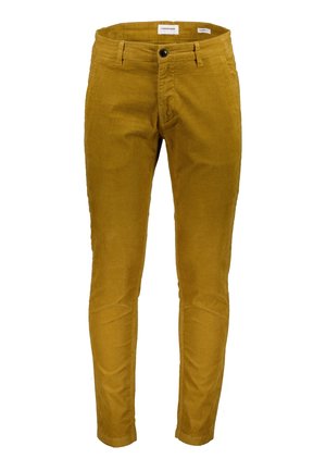 Slim-fit mustard yellow corduroy pants with button and zip closure, front pockets, and belt loops.