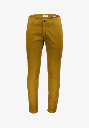 Pantalon en velours côtelé jaune moutarde coupe slim avec fermeture boutonnée et à glissière, poches avant, et passants pour ceinture.