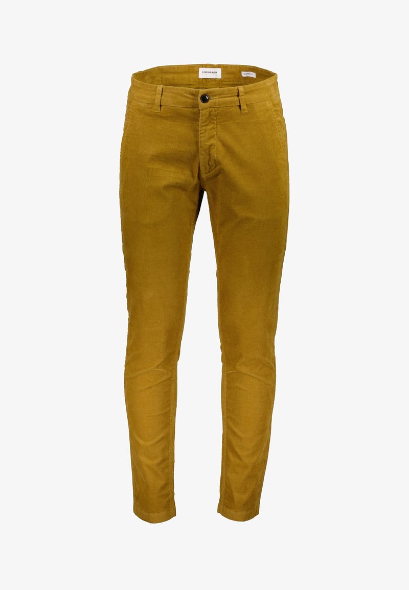 Pantalon en velours côtelé jaune moutarde coupe slim avec fermeture boutonnée et à glissière, poches avant, et passants pour ceinture.