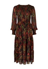 Maxikleid mit langen Ärmeln, das über ein gerafftes Oberteil und einen schichtweisen Rock verfügt. Hergestellt aus einem durchsichtigen Stoff mit einem mehrfarbigen geometrischen Muster.