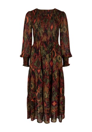 Abito lungo con maniche lunghe, caratterizzato da un corpetto arricciato e una gonna a strati. Realizzato in un tessuto trasparente con un motivo geometrico multicolore.