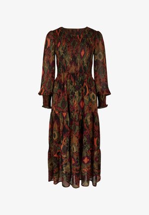 Abito lungo con maniche lunghe, caratterizzato da un corpetto arricciato e una gonna a strati. Realizzato in un tessuto trasparente con un motivo geometrico multicolore.