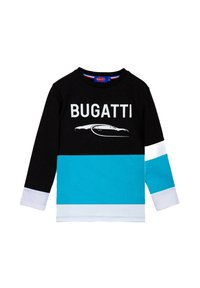 Camicia a maniche lunghe in nero, azzurro chiaro e bianco. Presenta la scritta "BUGATTI" e una silhouette di auto. Materiale in cotone, colletto rotondo, design a blocchi di colore.